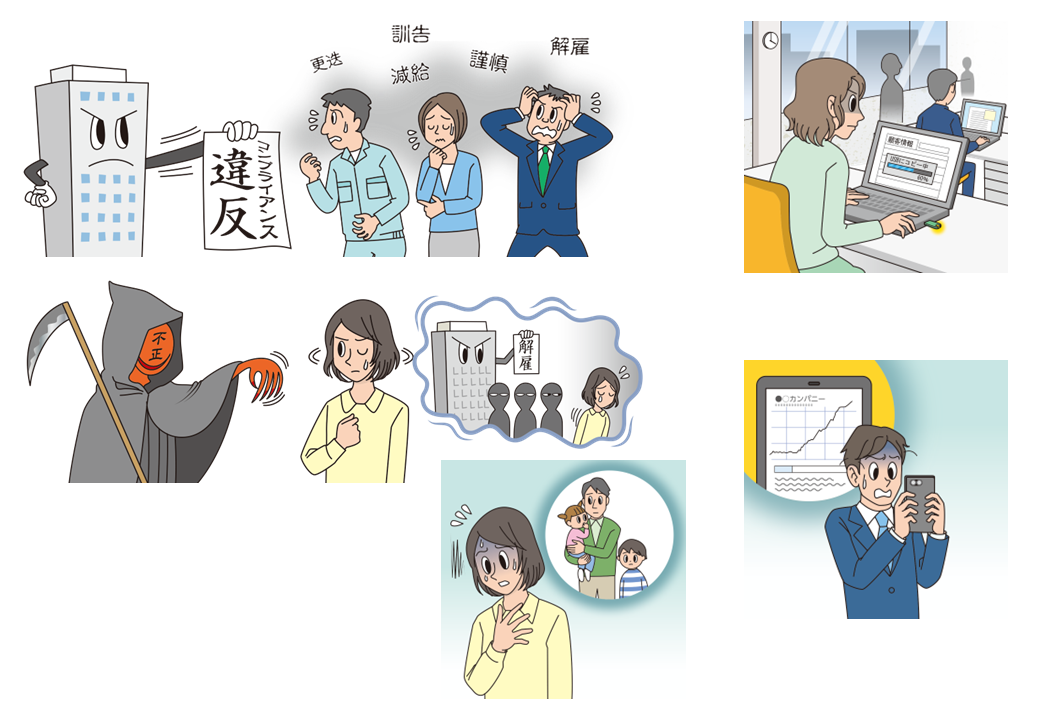 イラストカット 研修用資料326 コンプライアンス違反発覚の仕組みとリスク